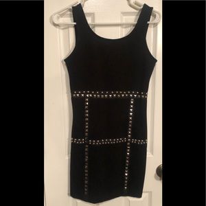 Mini Black Dress w/Square & Round Studs on front.